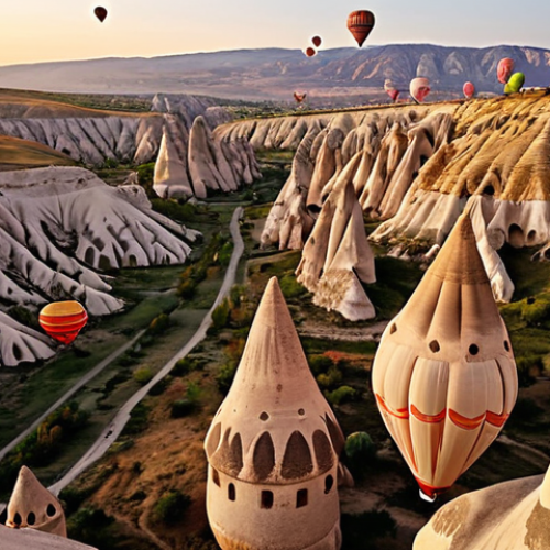 Home 23 **
A vibrant scene at the Cappadocia Balloon Festival, with hundreds of hot air balloons filling the sky at sunrise. Capture the unique landscape of Cappadocia below, with its fairy chimneys and valleys, as seen from above. Emphasize the colors of the balloons and the golden light of the early morning sun.
**