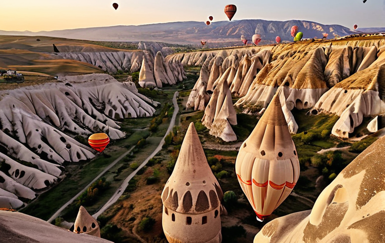 **
A vibrant scene at the Cappadocia Balloon Festival, with hundreds of hot air balloons filling the sky at sunrise. Capture the unique landscape of Cappadocia below, with its fairy chimneys and valleys, as seen from above. Emphasize the colors of the balloons and the golden light of the early morning sun.
**