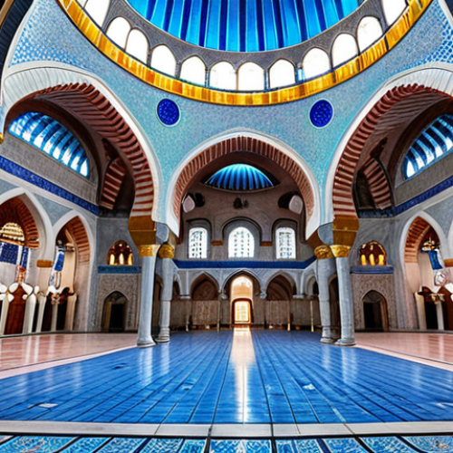 Home 22 **Grand Mosque Interior:** Intricate blue tile work, high arches, and a massive dome in an Istanbul mosque.