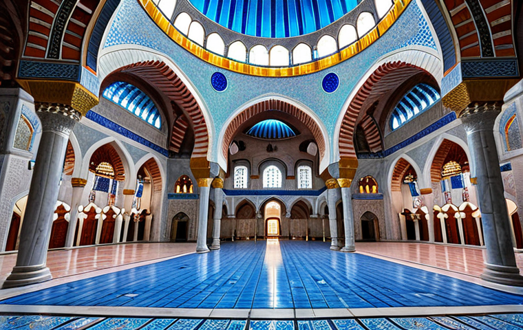 **Grand Mosque Interior:** Intricate blue tile work, high arches, and a massive dome in an Istanbul mosque.