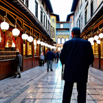 **A professional photographer** capturing the bustling vibrancy of Istanbul's Grand Bazaar. The subject is a fully clothed man in a modest, smart casual outfit, wearing a collared shirt and trousers, holding a professional camera. The setting features labyrinthine alleys, intricate Ottoman architectural details, and small shops displaying colorful handmade carpets, Iznik ceramic plates, and traditional Turkish jewelry. Sunlight streams through high windows, illuminating the scene. Surrounding people are fully clothed and engaged in shopping. Colorful hanging mosaic lamps adorn the ceilings. High-quality professional photography, detailed, realistic, perfect anatomy, correct proportions, natural pose, well-formed hands, proper finger count, natural body proportions, safe for work, appropriate content, fully clothed, professional, modest, family-friendly.