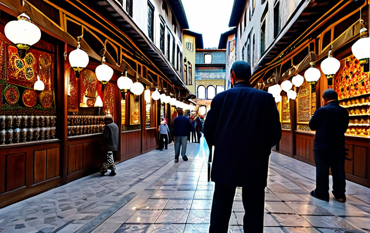 **A professional photographer** capturing the bustling vibrancy of Istanbul's Grand Bazaar. The subject is a fully clothed man in a modest, smart casual outfit, wearing a collared shirt and trousers, holding a professional camera. The setting features labyrinthine alleys, intricate Ottoman architectural details, and small shops displaying colorful handmade carpets, Iznik ceramic plates, and traditional Turkish jewelry. Sunlight streams through high windows, illuminating the scene. Surrounding people are fully clothed and engaged in shopping. Colorful hanging mosaic lamps adorn the ceilings. High-quality professional photography, detailed, realistic, perfect anatomy, correct proportions, natural pose, well-formed hands, proper finger count, natural body proportions, safe for work, appropriate content, fully clothed, professional, modest, family-friendly.