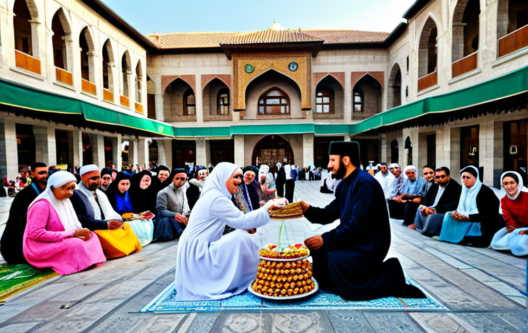 Eid al-Fitr Celebration**

"A family-friendly scene depicting Eid al-Fitr celebrations in Turkey, with people wearing modest, colorful traditional clothing, sharing sweets and celebrating joyfully in a public square with Ottoman-era architecture in the background, fully clothed, safe for work, appropriate content, perfect anatomy, natural proportions, professional photography, high quality."

**