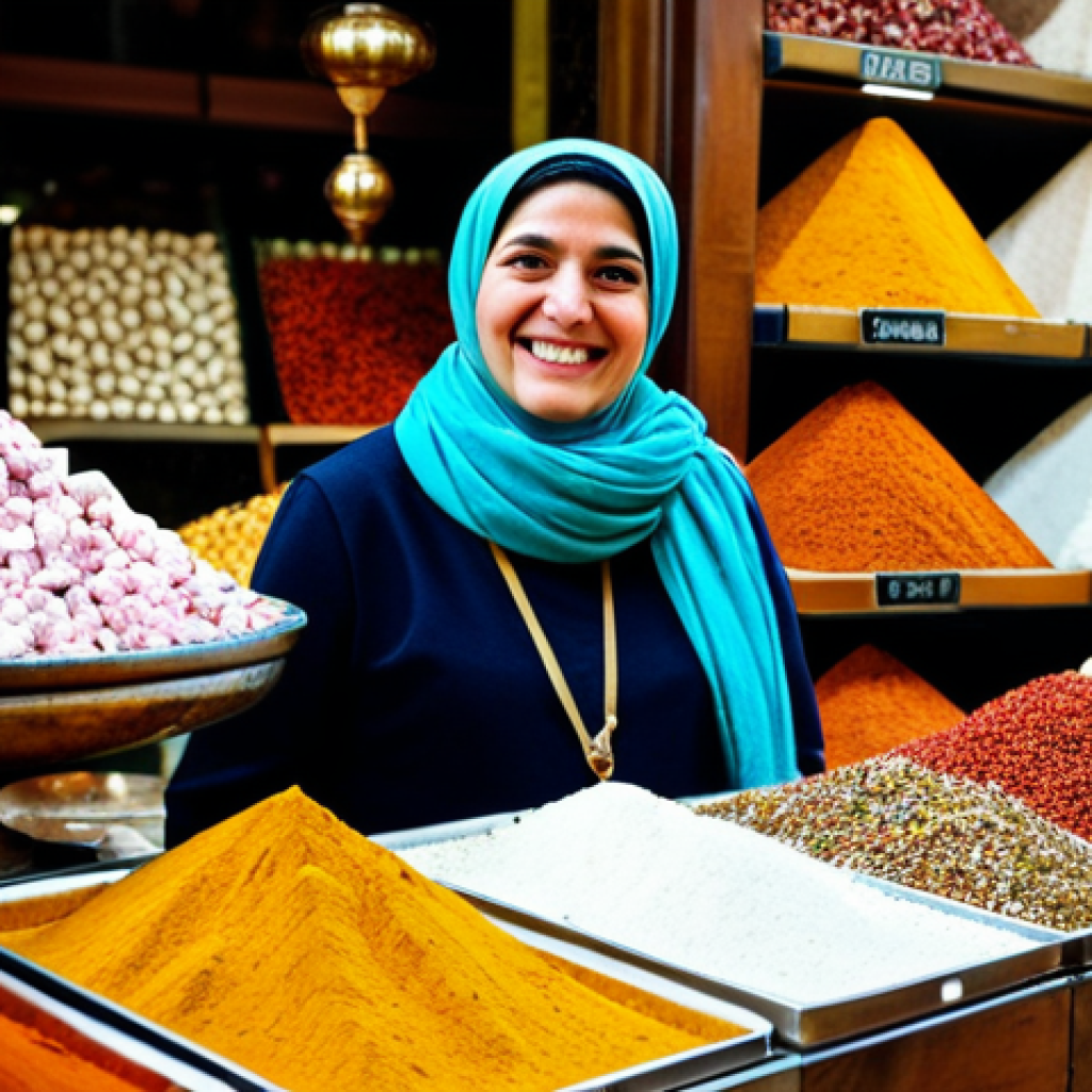 **

A vibrant scene in Istanbul's Spice Bazaar. A fully clothed woman in a modest, colorful scarf is smiling as she examines a display of Turkish delight. Jars of spices in warm colors are arranged in the background. The atmosphere is bustling and lively. Safe for work, appropriate content, family-friendly, perfect anatomy, natural proportions, professional photography.

**
