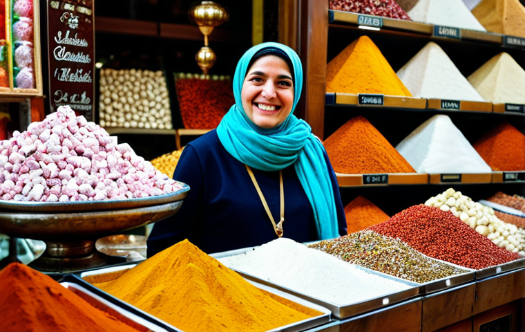**

A vibrant scene in Istanbul's Spice Bazaar. A fully clothed woman in a modest, colorful scarf is smiling as she examines a display of Turkish delight. Jars of spices in warm colors are arranged in the background. The atmosphere is bustling and lively. Safe for work, appropriate content, family-friendly, perfect anatomy, natural proportions, professional photography.

**