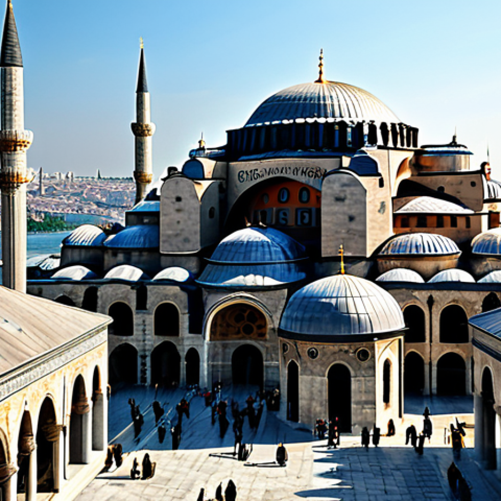 "A grand view of Constantinople (Istanbul) during the Byzantine Empire, featuring the Hagia Sophia in its original glory, fully clothed figures in traditional Byzantine attire, appropriate content, safe for work, perfect anatomy, architectural marvel, professional quality."