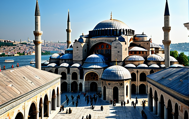 "A grand view of Constantinople (Istanbul) during the Byzantine Empire, featuring the Hagia Sophia in its original glory, fully clothed figures in traditional Byzantine attire, appropriate content, safe for work, perfect anatomy, architectural marvel, professional quality."