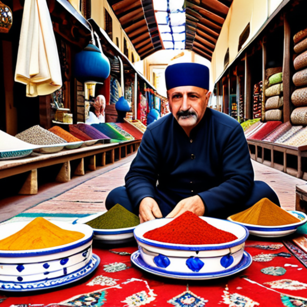 튀르키예 전통 예술과 문화유산 - A vibrant Turkish bazaar scene with colorful carpets, ceramics, and spices, showcasing the rich arti...