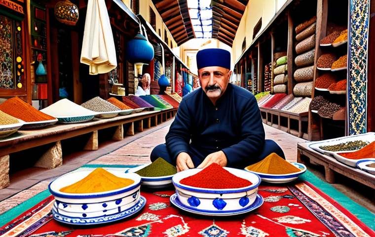 튀르키예 전통 예술과 문화유산 - A vibrant Turkish bazaar scene with colorful carpets, ceramics, and spices, showcasing the rich arti...