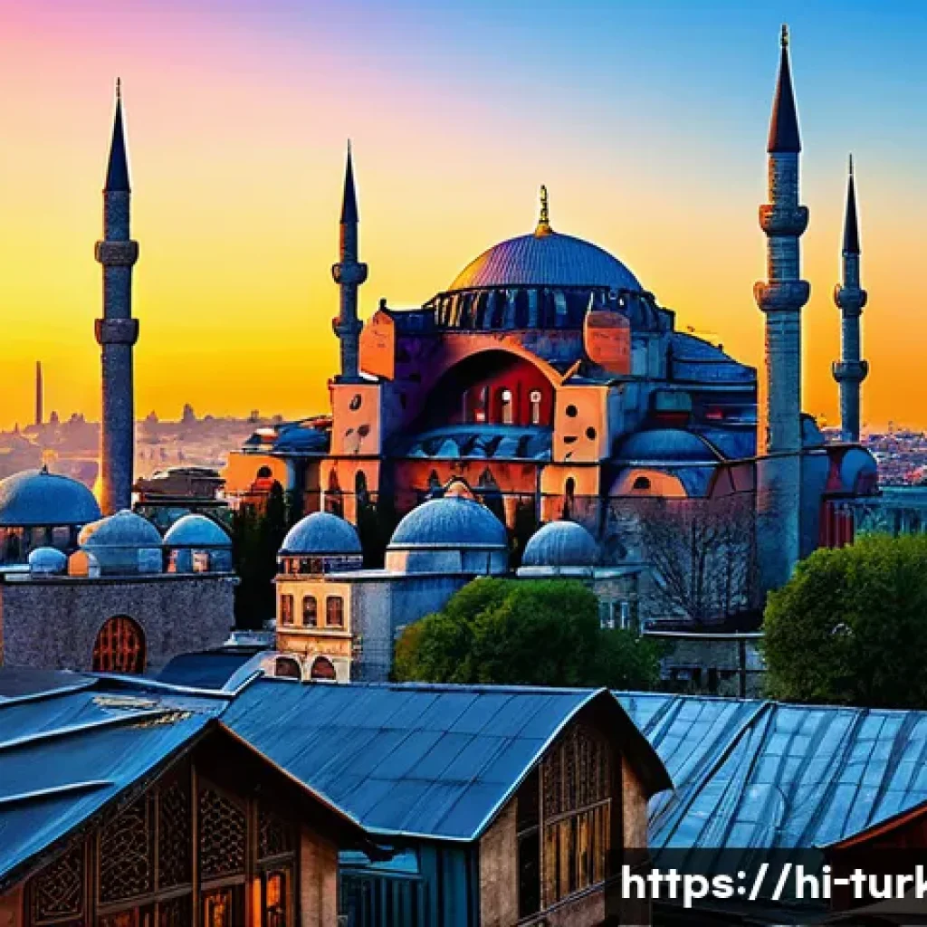 튀르키예 지역별 투어 가이드 - A panoramic view of Istanbul at sunset showcasing the majestic Hagia Sophia and the Blue Mosque with...