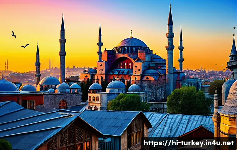 튀르키예 지역별 투어 가이드 - A panoramic view of Istanbul at sunset showcasing the majestic Hagia Sophia and the Blue Mosque with...