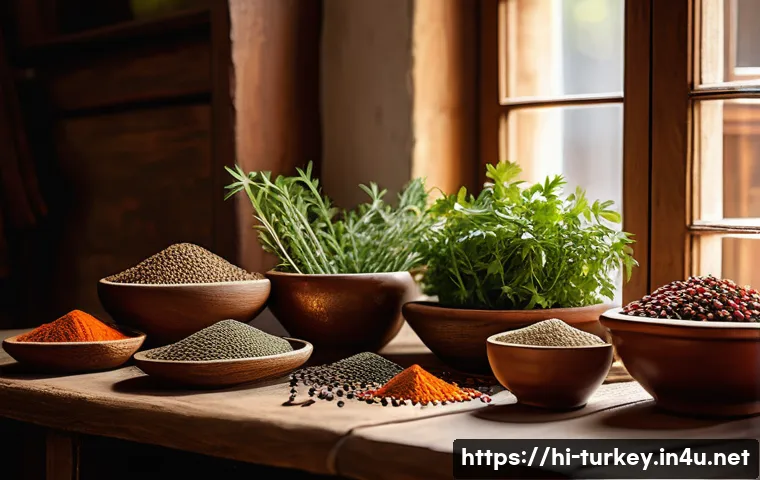 튀르키예 요리 수업과 레시피 공유 - A vibrant Turkish kitchen scene featuring a wooden table with a variety of fresh spices in small rus...