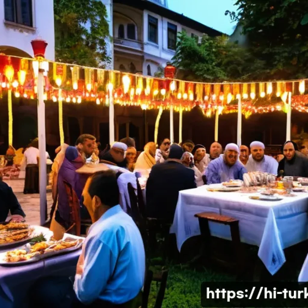 튀르키예의 주요 종교적 행사 - A vibrant Ramadan evening scene in Istanbul, showing a diverse group of families and neighbors gathe...