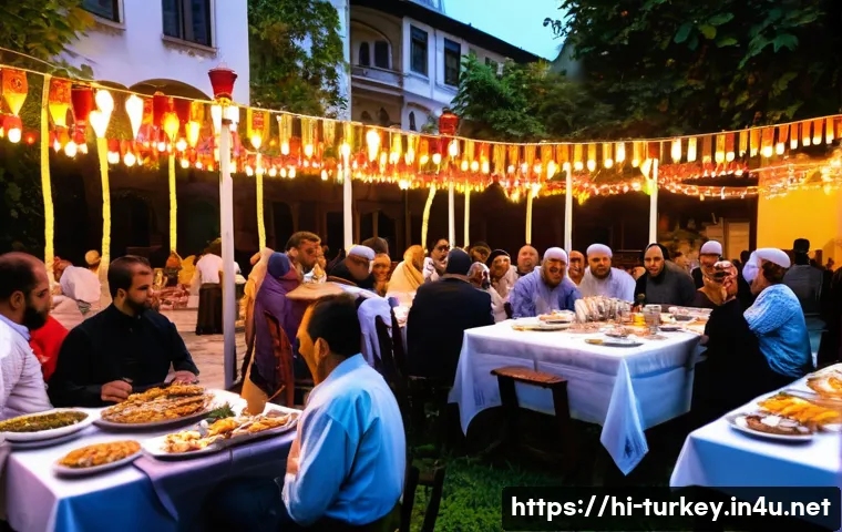 튀르키예의 주요 종교적 행사 - A vibrant Ramadan evening scene in Istanbul, showing a diverse group of families and neighbors gathe...