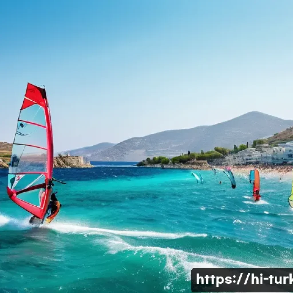튀르키예의 해양 스포츠 명소 - A vibrant coastal scene at Bodrum, Turkey, showcasing windsurfing and kitesurfing enthusiasts glidin...