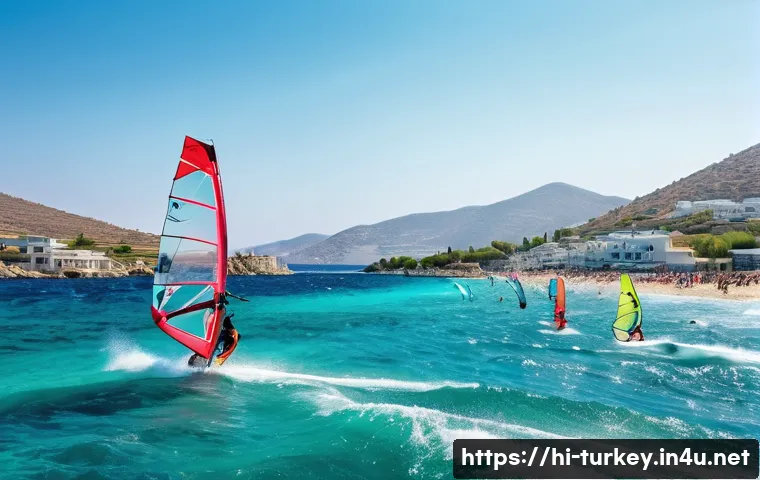 튀르키예의 해양 스포츠 명소 - A vibrant coastal scene at Bodrum, Turkey, showcasing windsurfing and kitesurfing enthusiasts glidin...