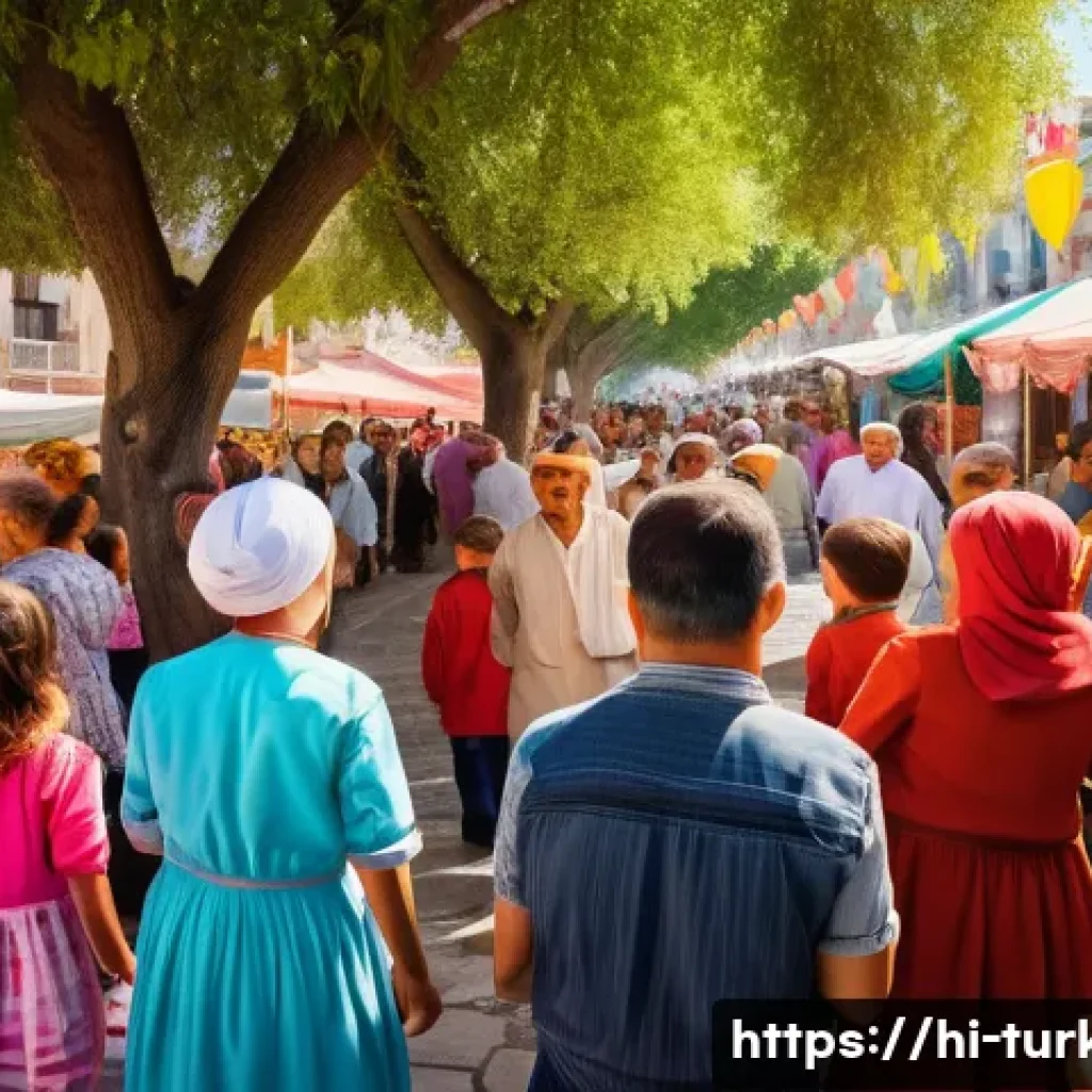 튀르키예에서의 가족 여행 추천지 - A vibrant Turkish local festival scene in Izmir with a joyful family including children wearing trad...