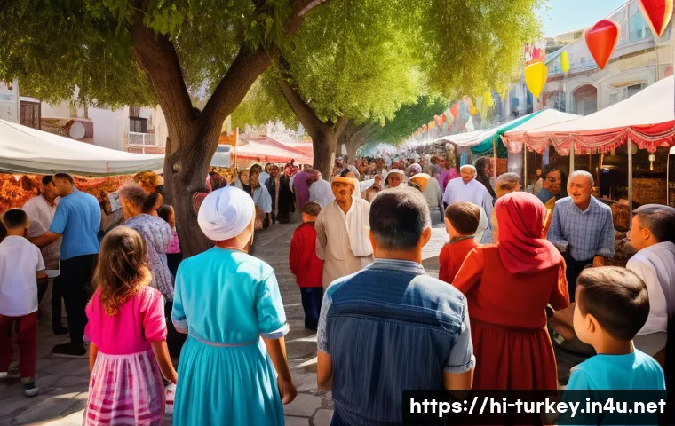 튀르키예에서의 가족 여행 추천지 - A vibrant Turkish local festival scene in Izmir with a joyful family including children wearing trad...