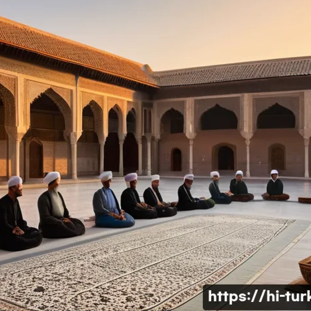 튀르키예의 문학사와 시인들 - A serene and elegant scene depicting a traditional Turkish ghazal recital in an Ottoman-era courtyar...
