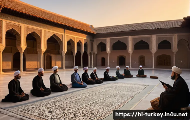 튀르키예의 문학사와 시인들 - A serene and elegant scene depicting a traditional Turkish ghazal recital in an Ottoman-era courtyar...