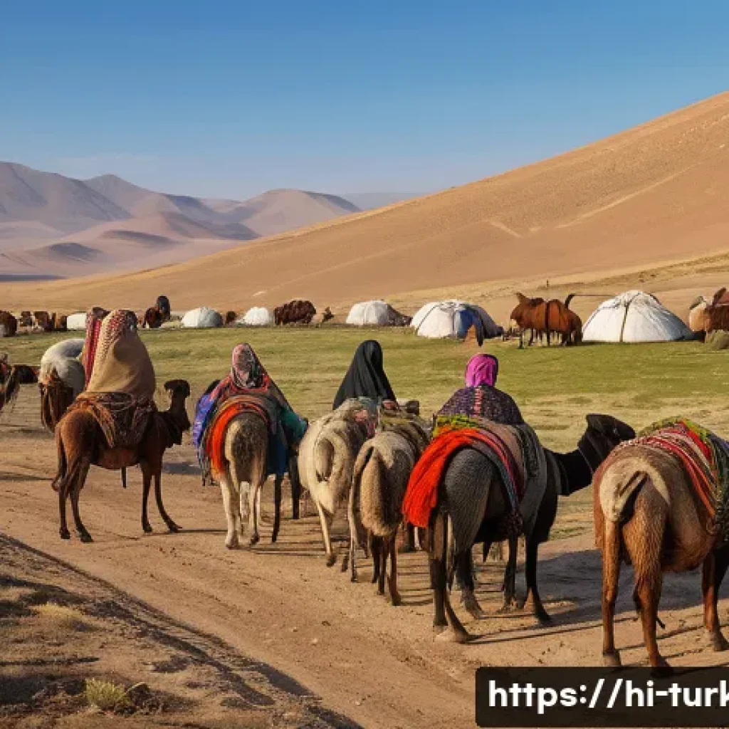 튀르키예 유목민 생활 방식 - A detailed scene of a Turkish nomadic family tending to their livestock including sheep, camels, and...