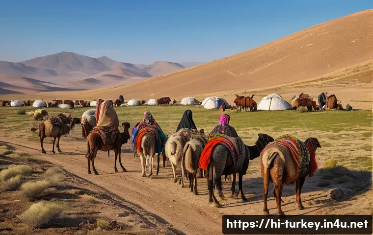튀르키예 유목민 생활 방식 - A detailed scene of a Turkish nomadic family tending to their livestock including sheep, camels, and...