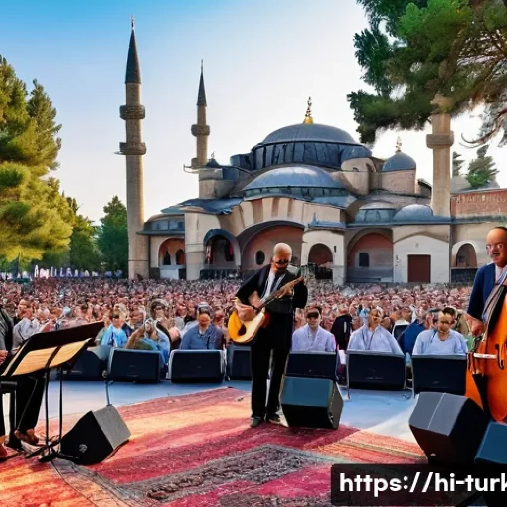 튀르키예 재즈 페스티벌 일정 - A vibrant outdoor jazz festival scene in Istanbul featuring a diverse group of musicians performing ...