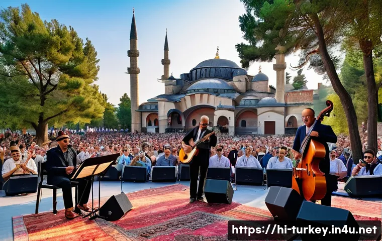 튀르키예 재즈 페스티벌 일정 - A vibrant outdoor jazz festival scene in Istanbul featuring a diverse group of musicians performing ...