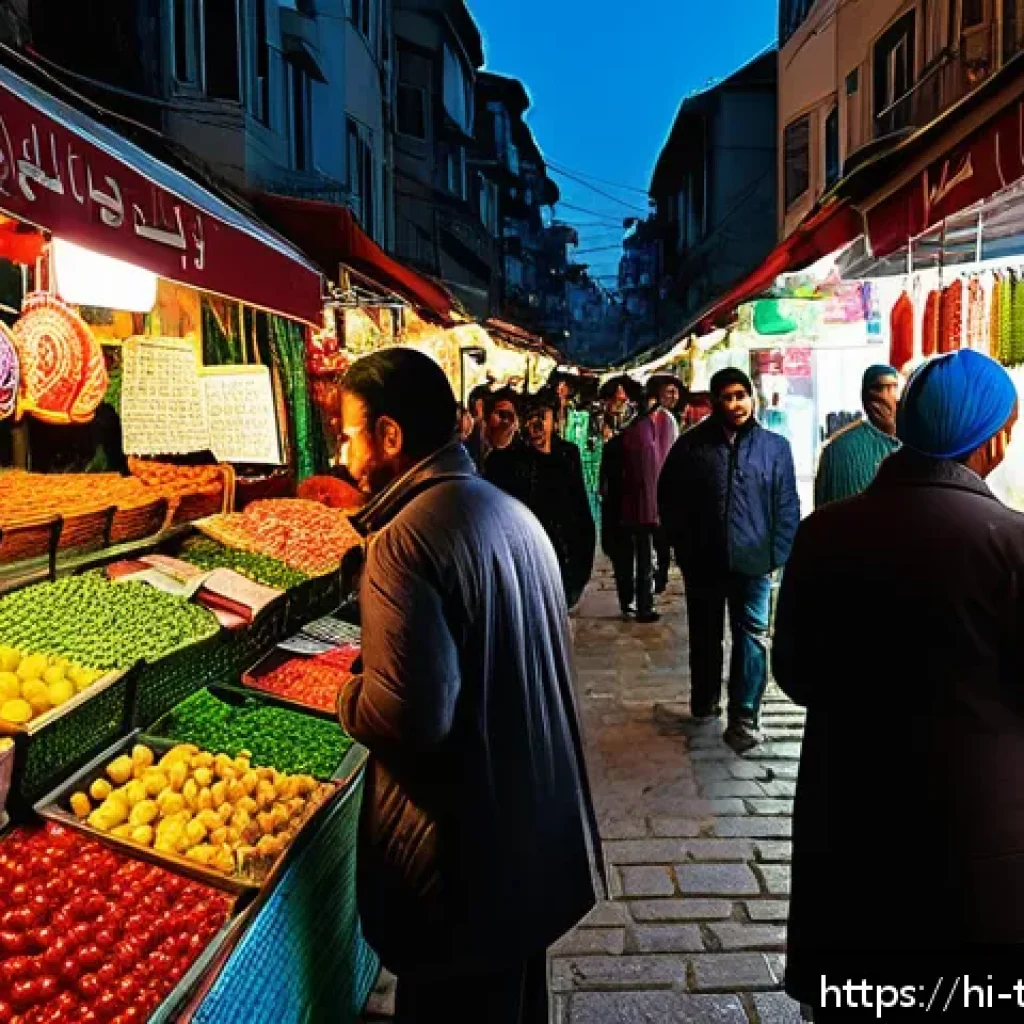 튀르키예 화폐 단위와 환전 팁 - A vibrant street market scene in Istanbul, Turkey, showing a diverse crowd of locals and tourists ex...