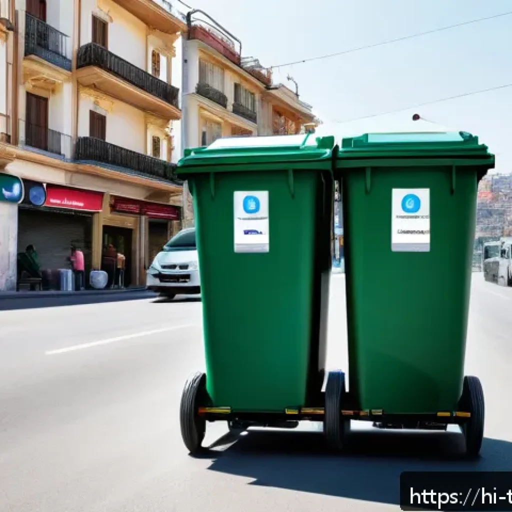 튀르키예의 재활용 및 친환경 정책 - A bustling urban street scene in Turkey featuring smart waste collection containers equipped with se...