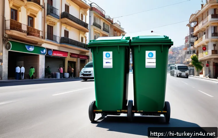 튀르키예의 재활용 및 친환경 정책 - A bustling urban street scene in Turkey featuring smart waste collection containers equipped with se...