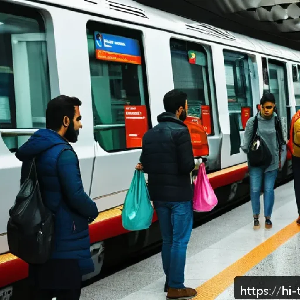 튀르키예 안전 여행을 위한 팁 - A bustling Istanbul metro scene with diverse passengers carefully watching their belongings, carryin...