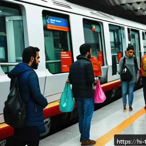 튀르키예 안전 여행을 위한 팁 - A bustling Istanbul metro scene with diverse passengers carefully watching their belongings, carryin...