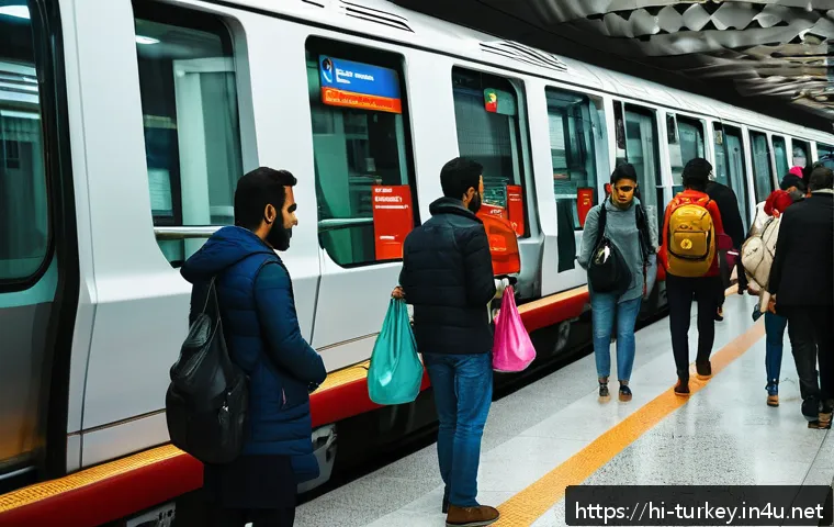 튀르키예 안전 여행을 위한 팁 - A bustling Istanbul metro scene with diverse passengers carefully watching their belongings, carryin...