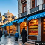 튀르키예에서의 단기 여행 코스 - A vibrant street scene in Istanbul&rsquo;s Sultanahmet district during early morning, featuring the iconic...