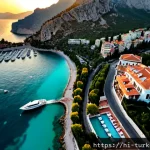 튀르키예 주요 지중해 연안 도시 비교 - Photorealistic aerial golden-hour view of Antalya, Türkiye, turquoise Mediterranean Sea curving arou...