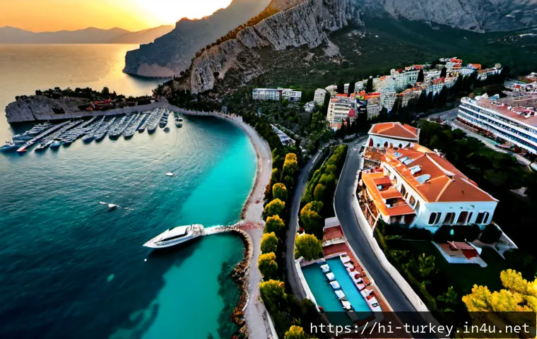 튀르키예 주요 지중해 연안 도시 비교 - Photorealistic aerial golden-hour view of Antalya, Türkiye, turquoise Mediterranean Sea curving arou...