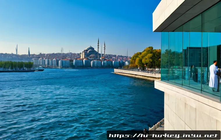 튀르키예의 유명한 미술관과 갤러리 - Photorealistic exterior of a celebrated contemporary art museum beside the Bosphorus in Istanbul, sl...