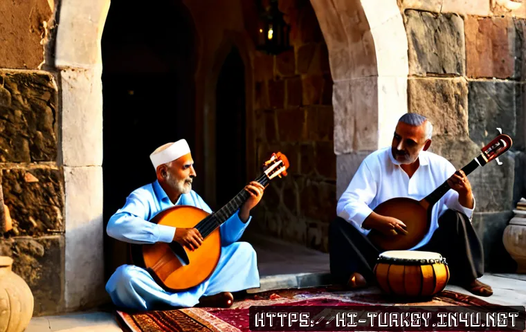 Home 17 튀르키예 전통 음악과 춤 - Photorealistic Turkish traditional music performance in a warmly lit historic courtyard at sunset, a...